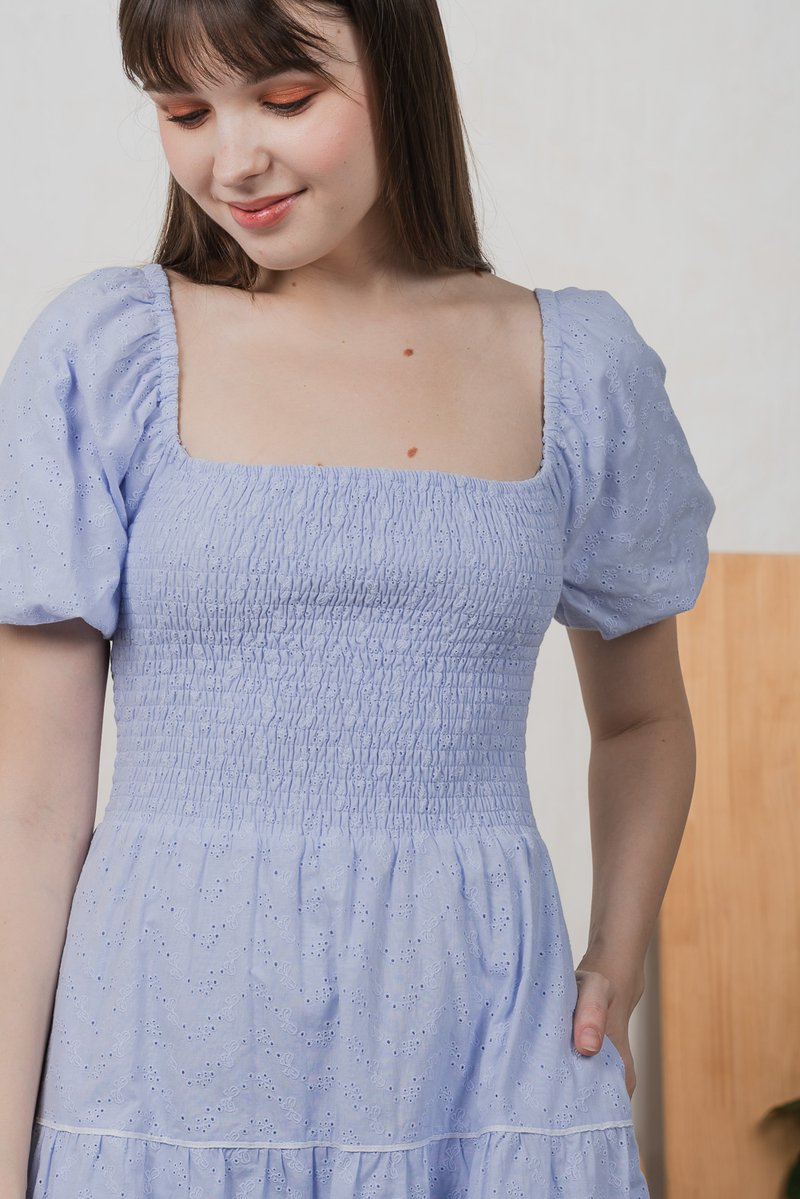 Jozette Smocked Eyelet Tiered Dress In Powder Blue (XS)