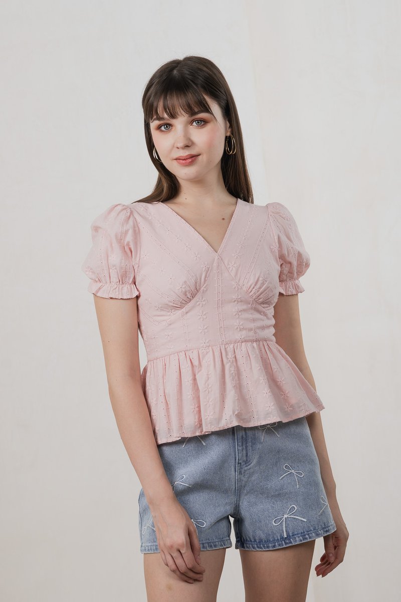 Everest Eyelet Broderie Empire Top In Pink (XS)