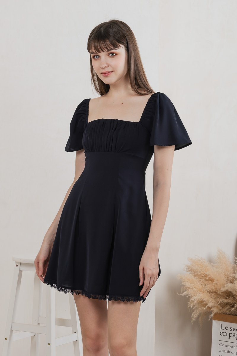 Harmonia Lace Hem Ruched Dress In Navy (XS)