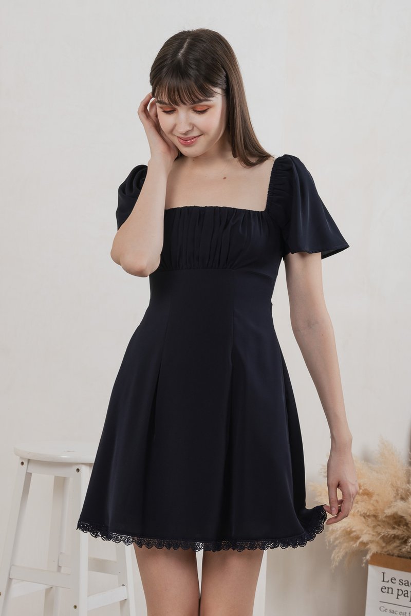 Harmonia Lace Hem Ruched Dress In Navy (XS)