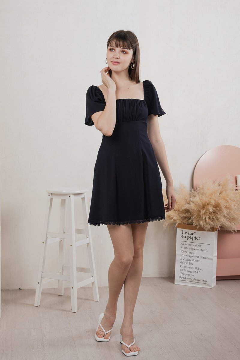 Harmonia Lace Hem Ruched Dress In Navy (XS)