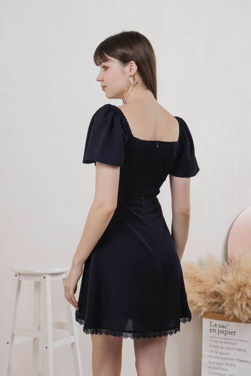 Harmonia Lace Hem Ruched Dress In Navy (XS)