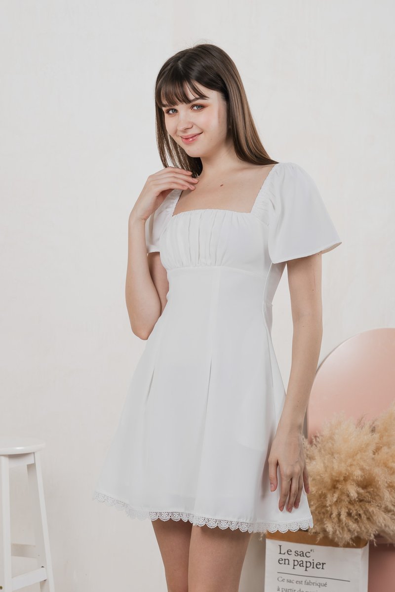 Harmonia Lace Hem Ruched Dress In White
