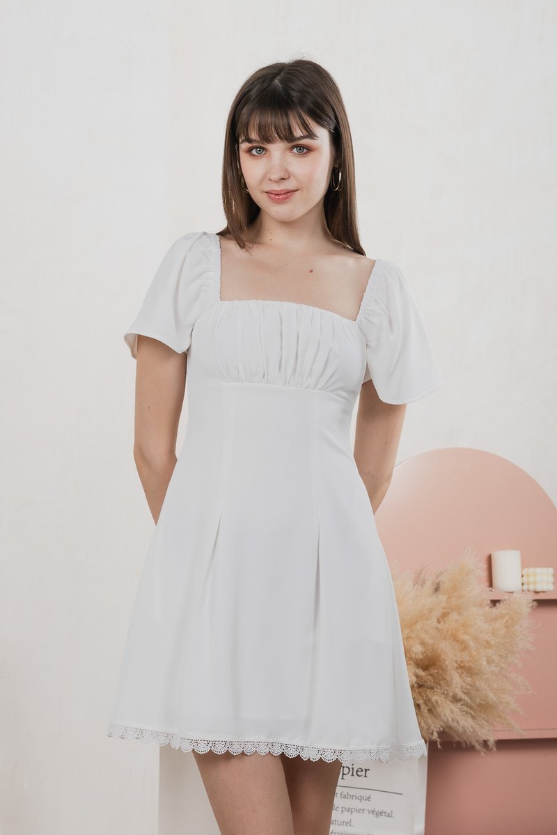 Harmonia Lace Hem Ruched Dress In White