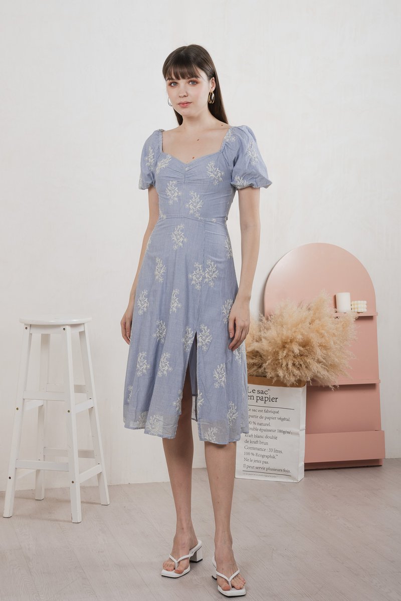 Emeth Floral Embroidery Striped Midi Dress In Blue