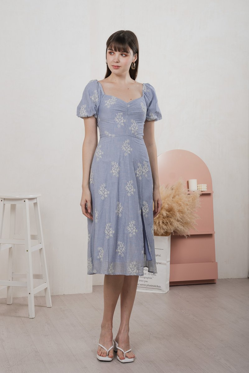 Emeth Floral Embroidery Striped Midi Dress In Blue