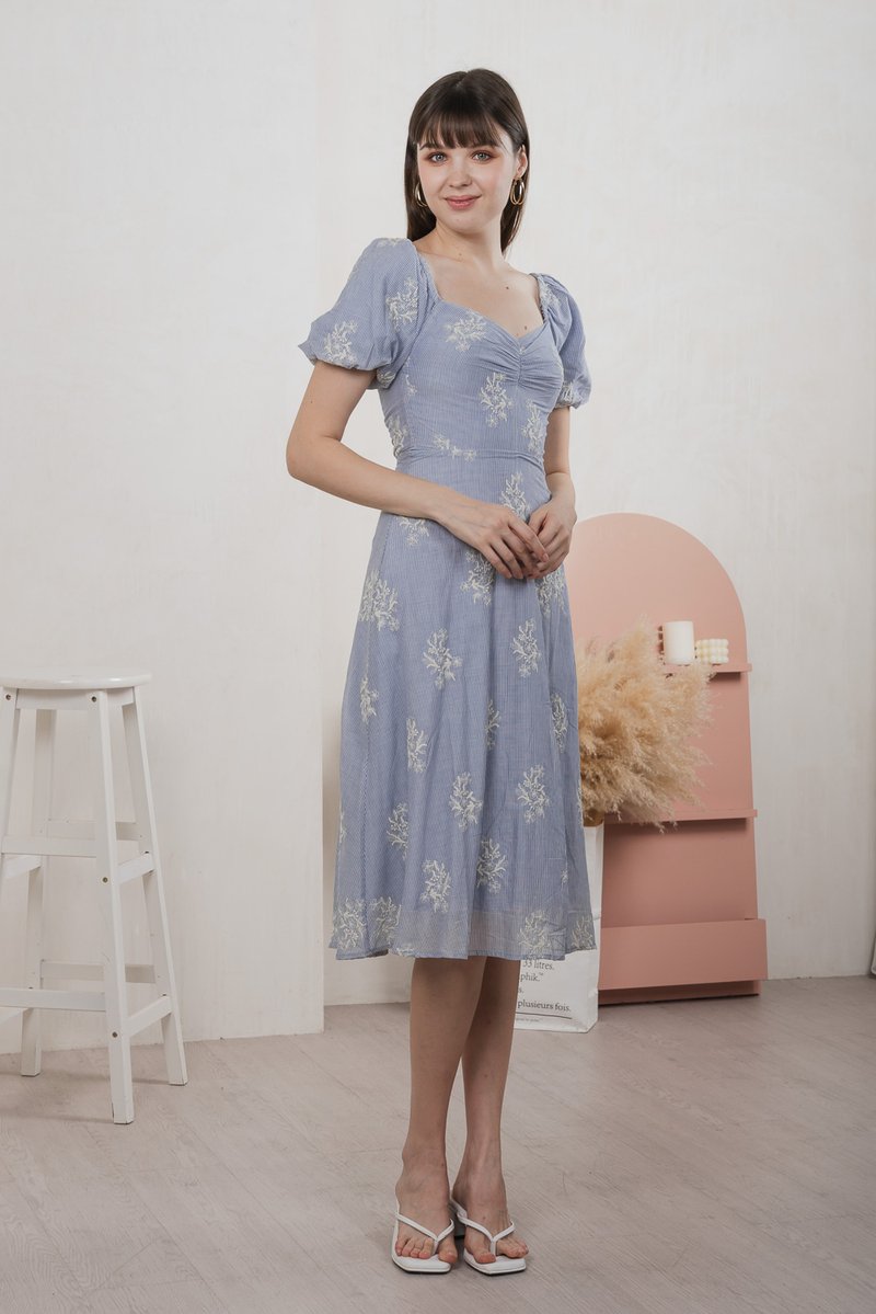 Emeth Floral Embroidery Striped Midi Dress In Blue