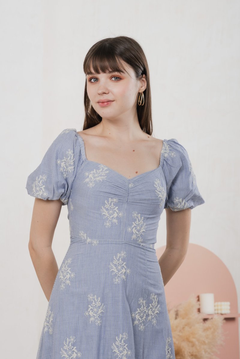 Emeth Floral Embroidery Striped Midi Dress In Blue