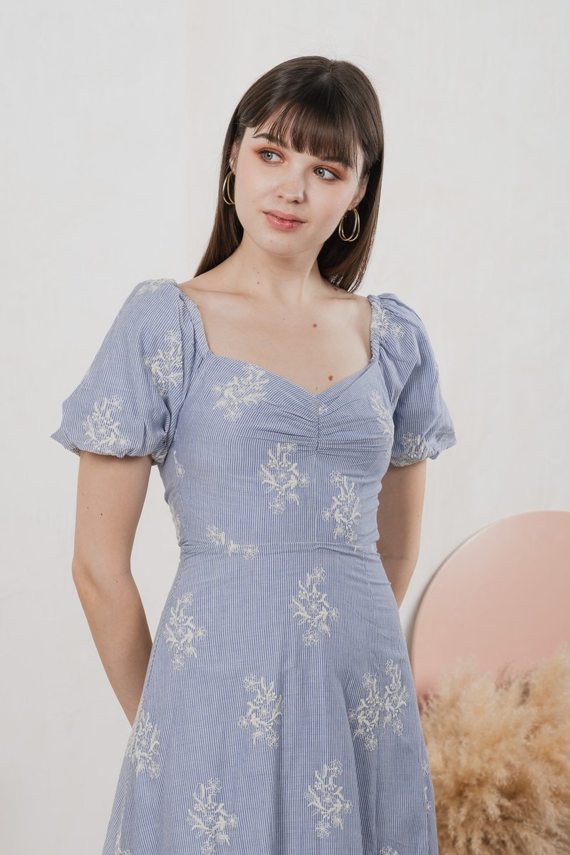 Emeth Floral Embroidery Striped Midi Dress In Blue