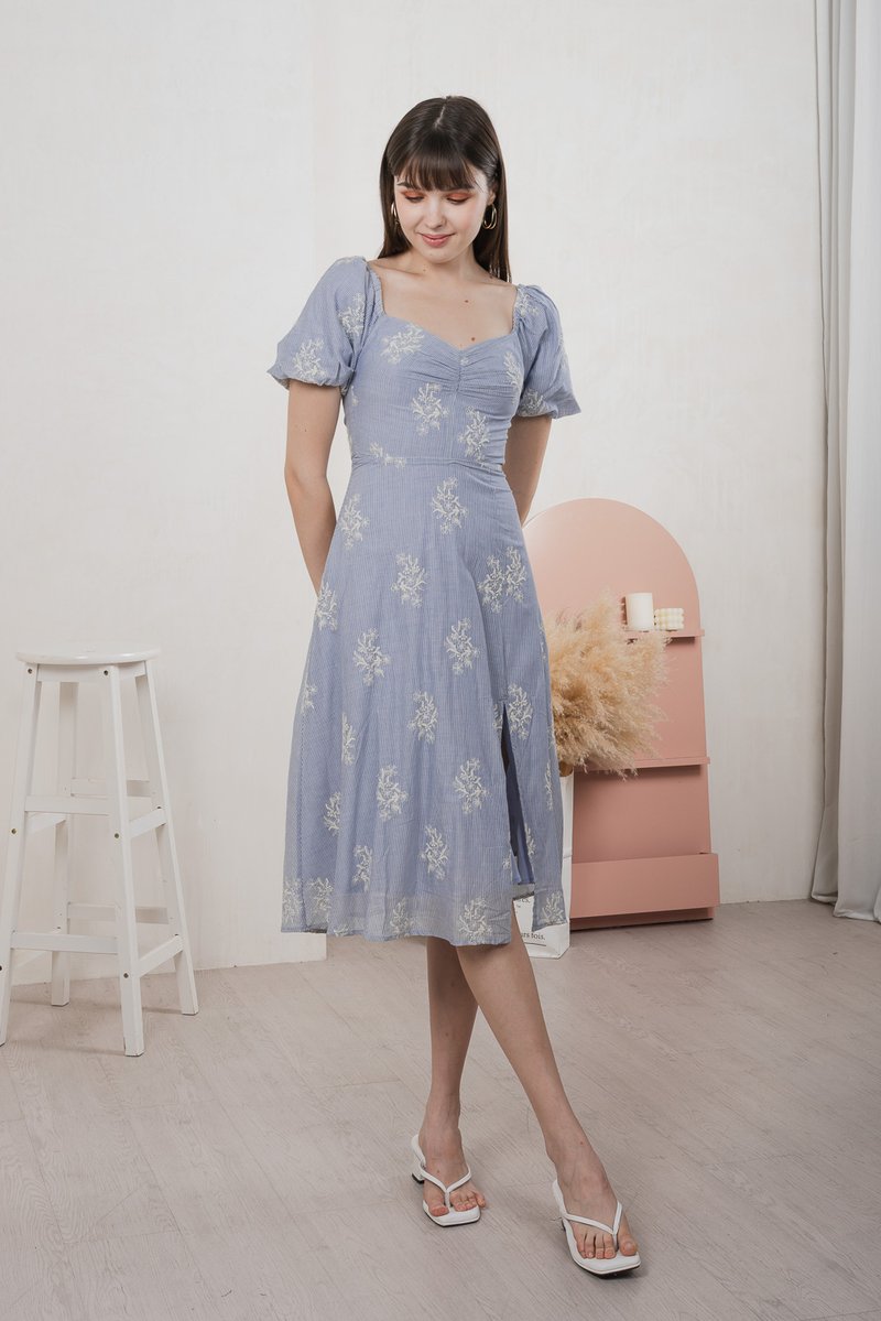 Emeth Floral Embroidery Striped Midi Dress In Blue