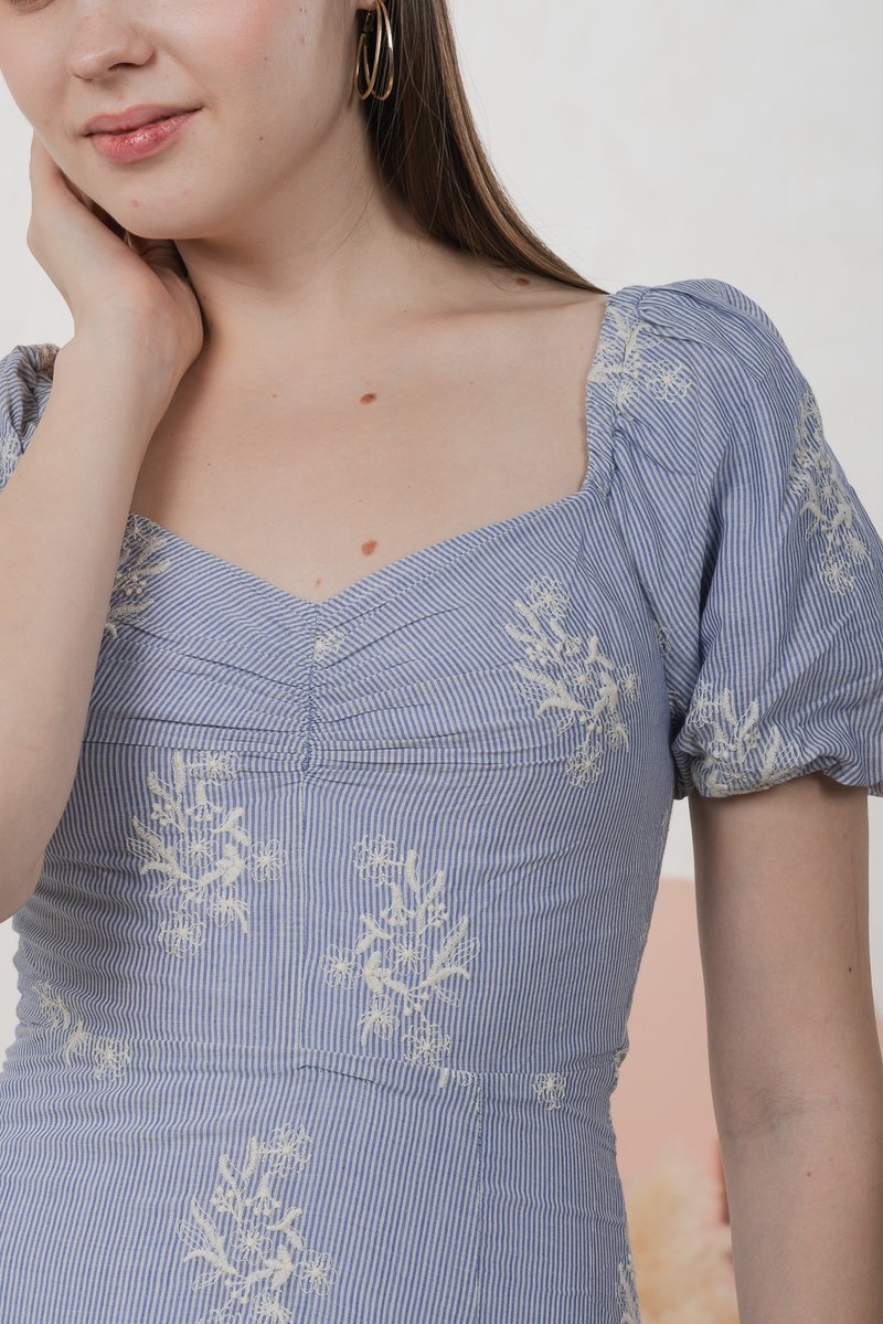 Emeth Floral Embroidery Striped Midi Dress In Blue