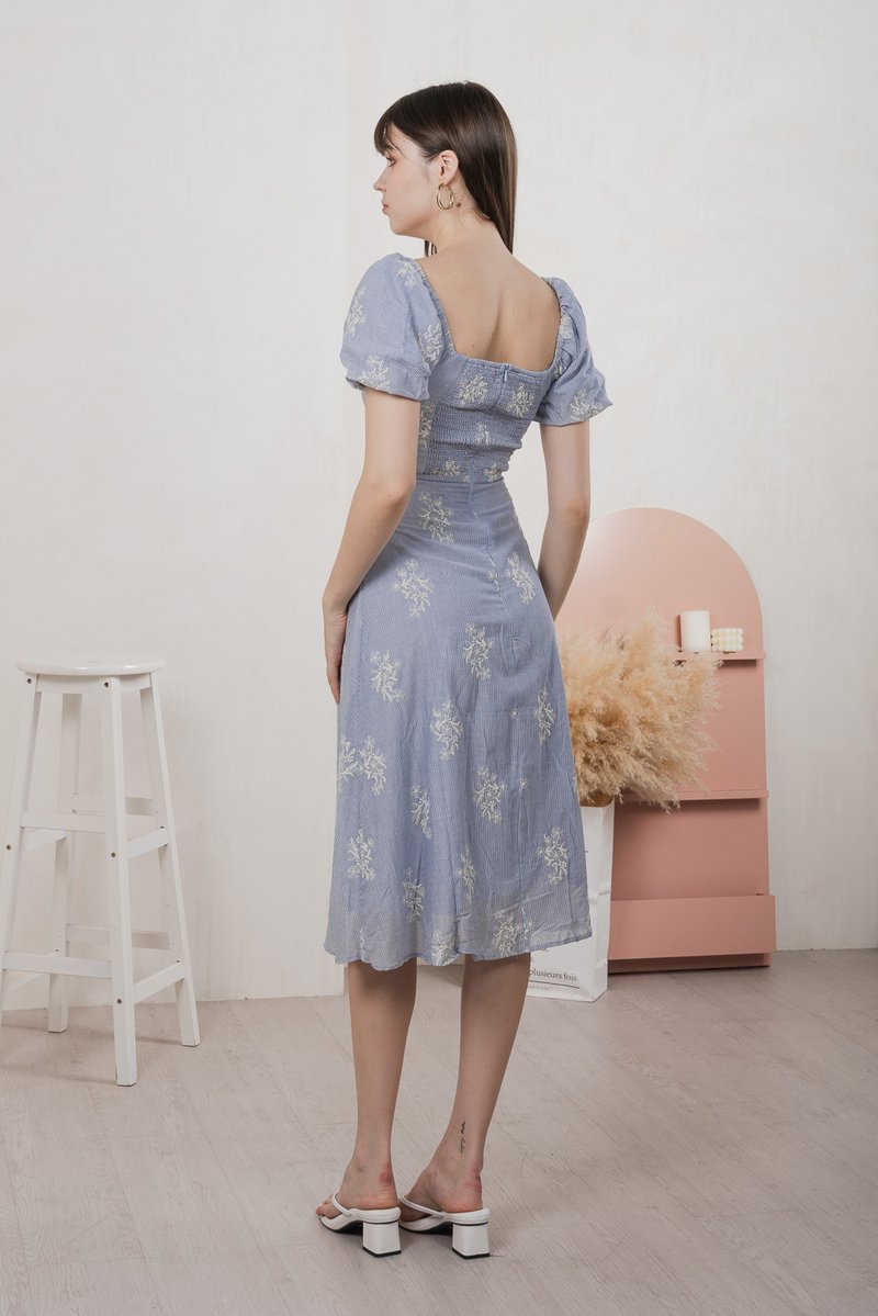 Emeth Floral Embroidery Striped Midi Dress In Blue