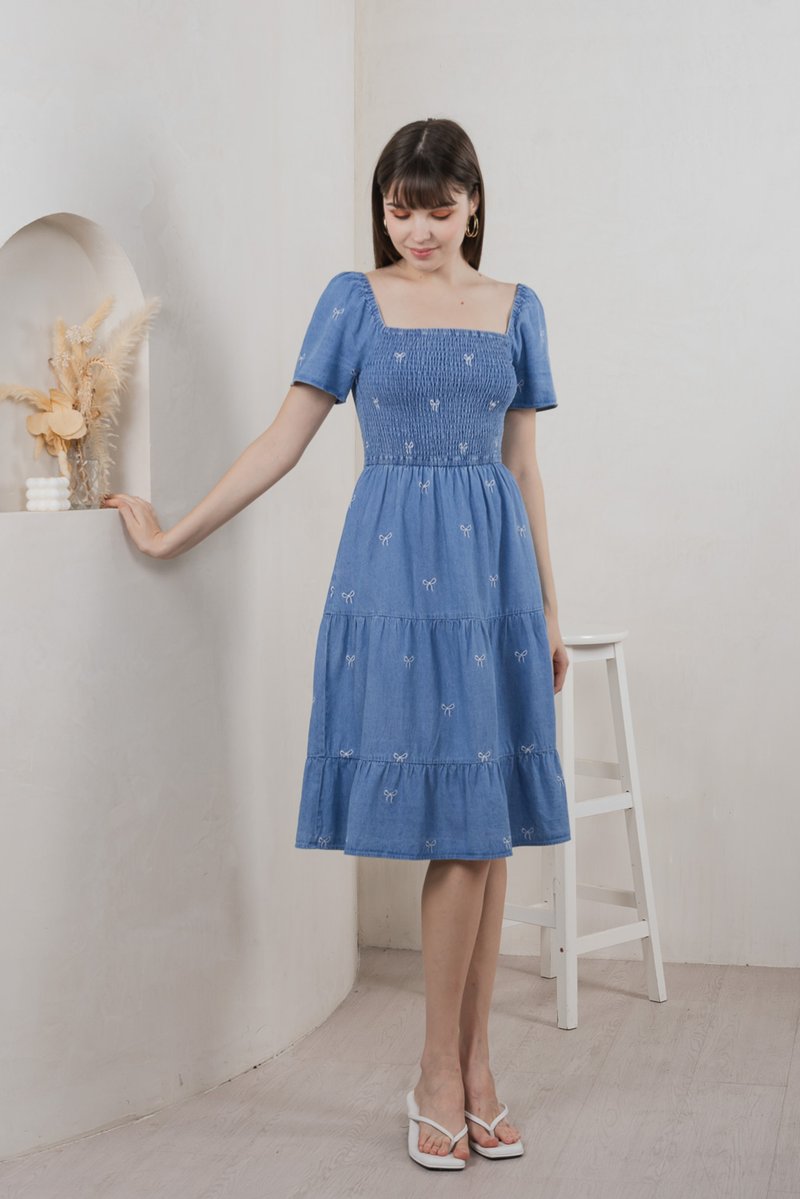 Radiant Smocked Ribbon Denim Midi Dress In Light Wash (XS)