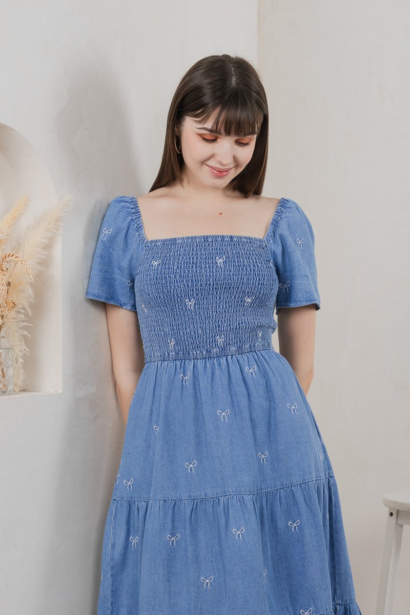 Radiant Smocked Ribbon Denim Midi Dress In Light Wash (XS)