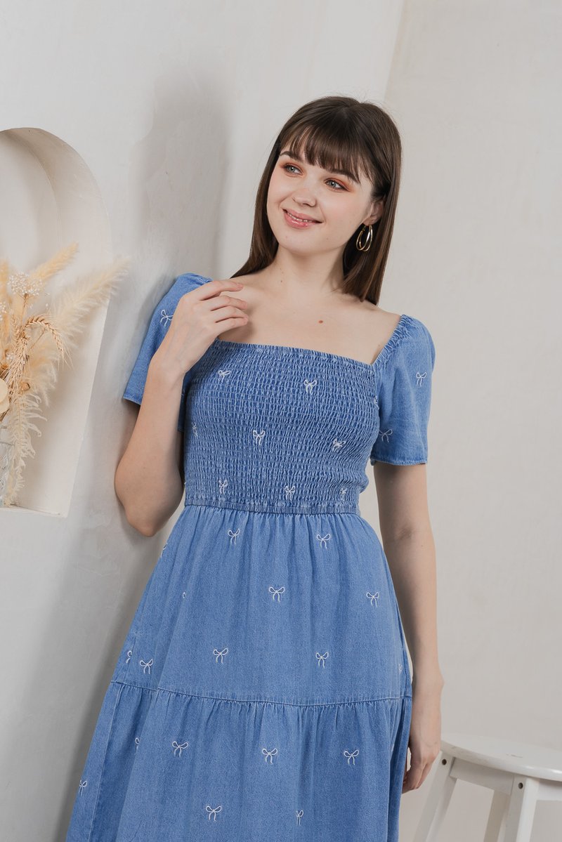 Radiant Smocked Ribbon Denim Midi Dress In Light Wash (XS)