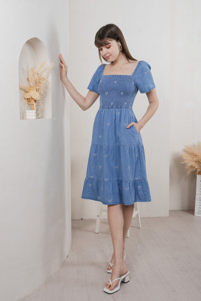 Radiant Smocked Ribbon Denim Midi Dress In Light Wash (XS)