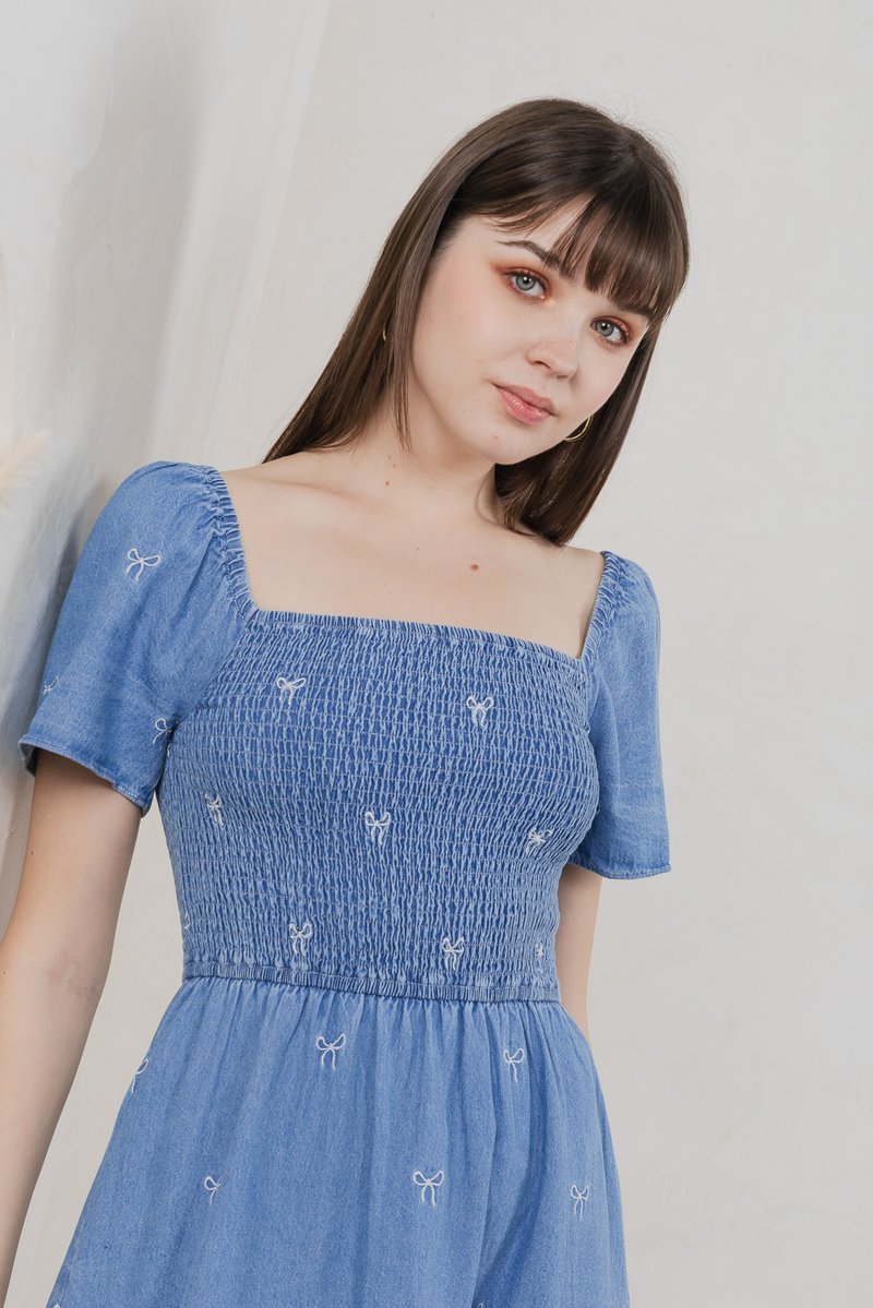 Radiant Smocked Ribbon Denim Midi Dress In Light Wash (XS)