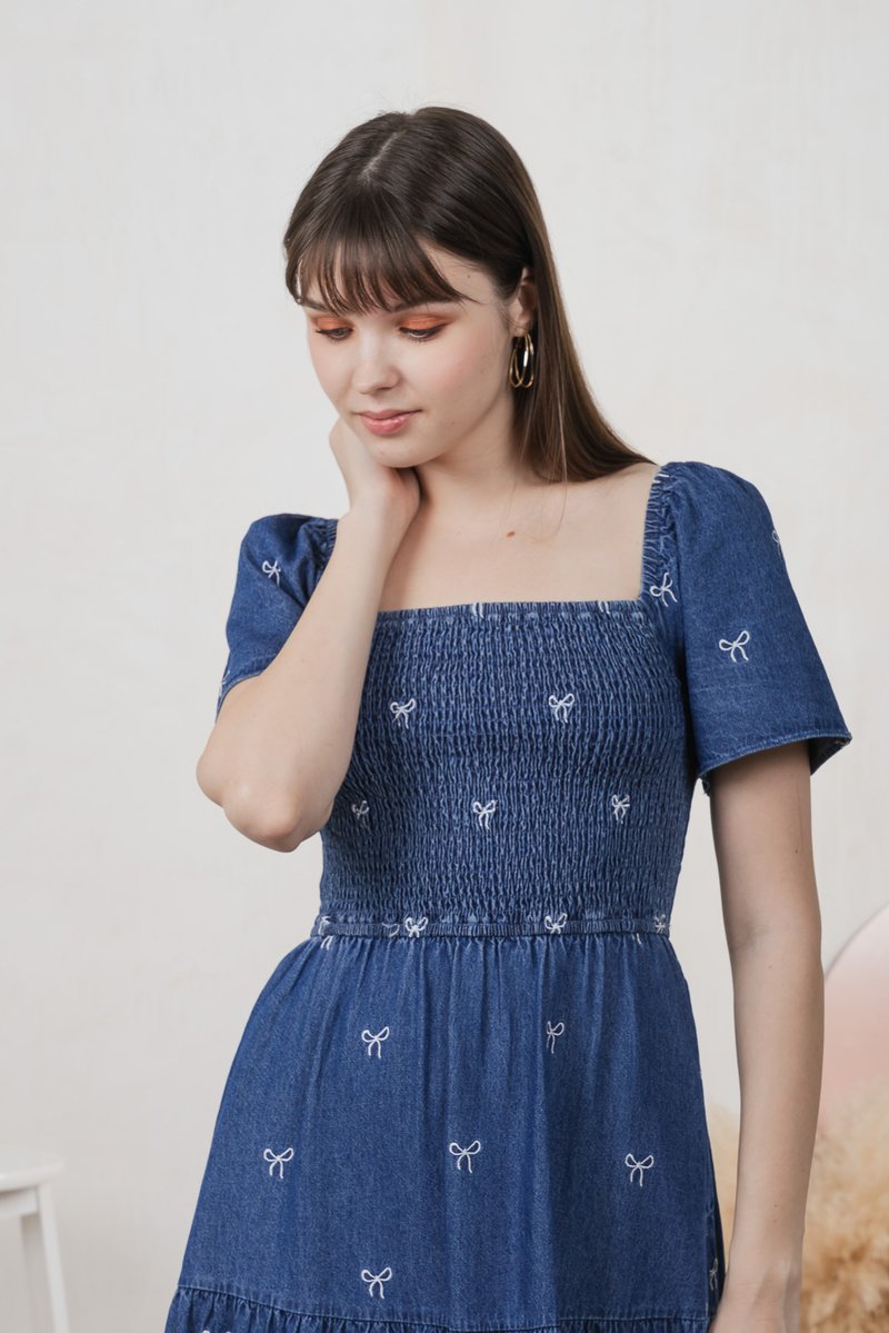 Radiant Smocked Ribbon Denim Midi Dress In Dark Wash (XS)