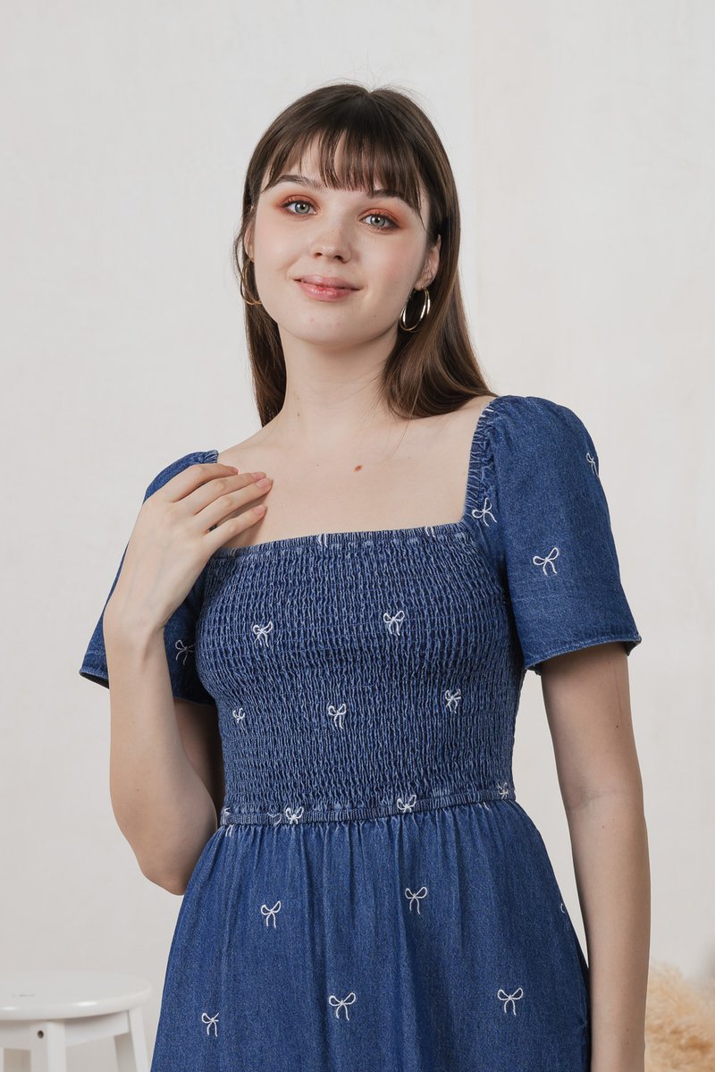 Radiant Smocked Ribbon Denim Midi Dress In Dark Wash (XS)