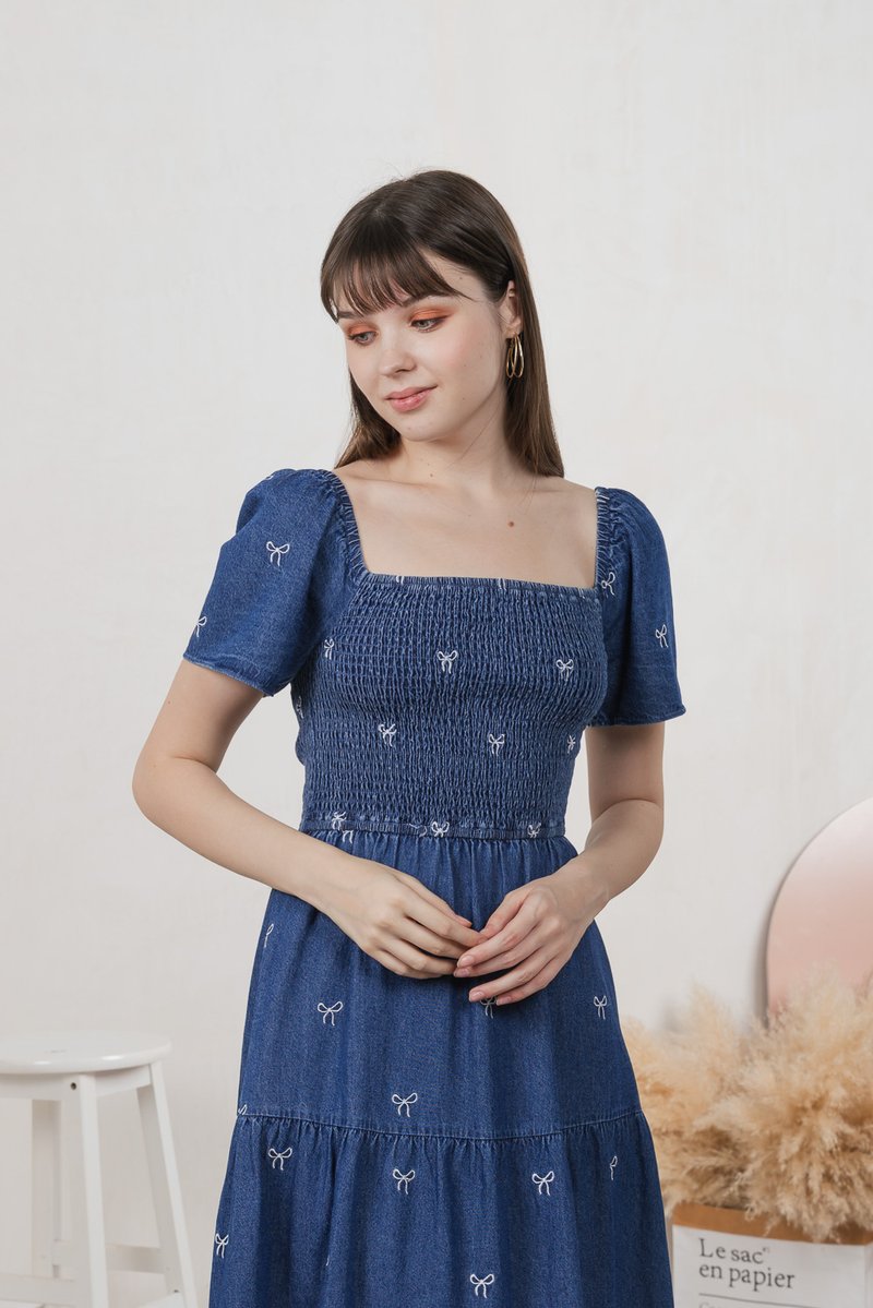 Radiant Smocked Ribbon Denim Midi Dress In Dark Wash (XS)