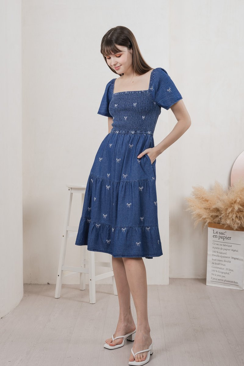 Radiant Smocked Ribbon Denim Midi Dress In Dark Wash (XS)