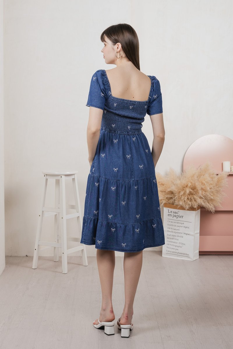 Radiant Smocked Ribbon Denim Midi Dress In Dark Wash (XS)