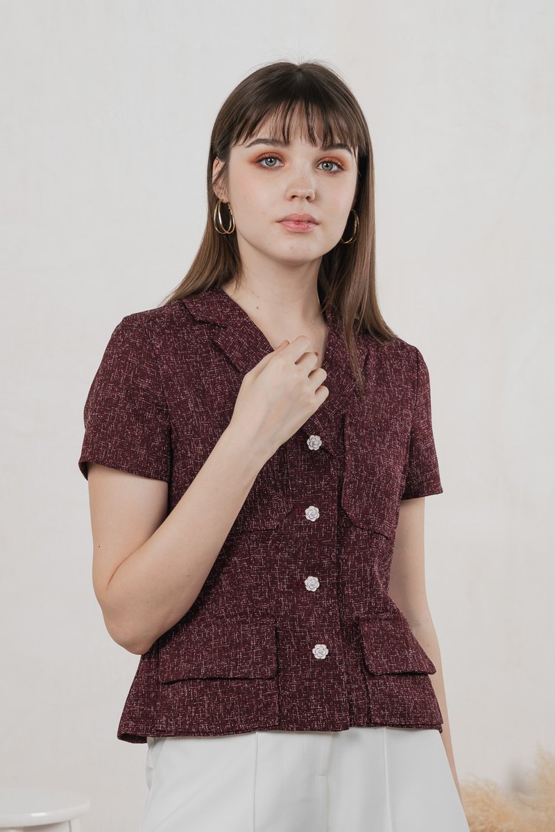 Centia Tweed Blazer Top In Wine