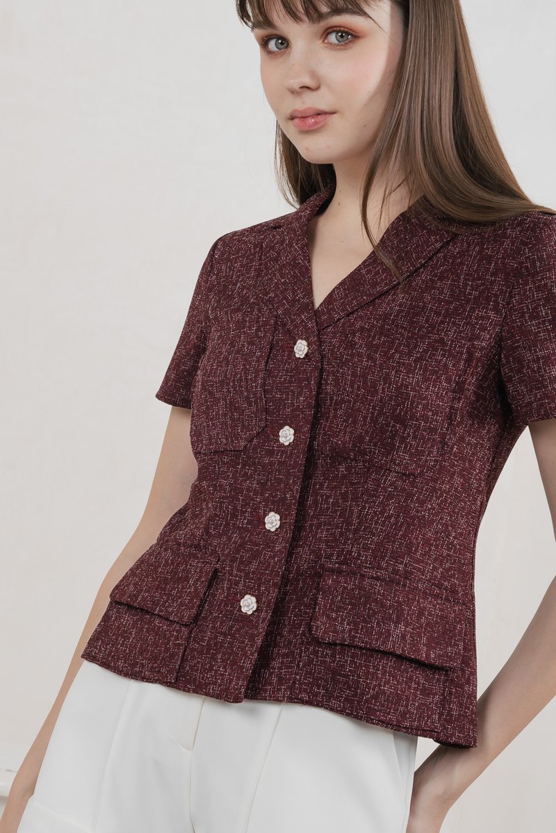 Centia Tweed Blazer Top In Wine