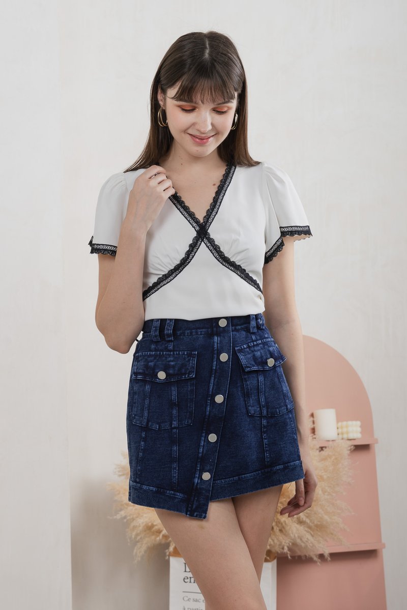 Vega Slant Button Denim Skort in Dark Wash