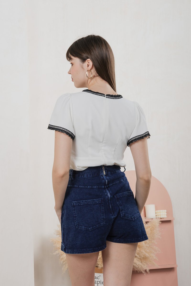 Vega Slant Button Denim Skort in Dark Wash