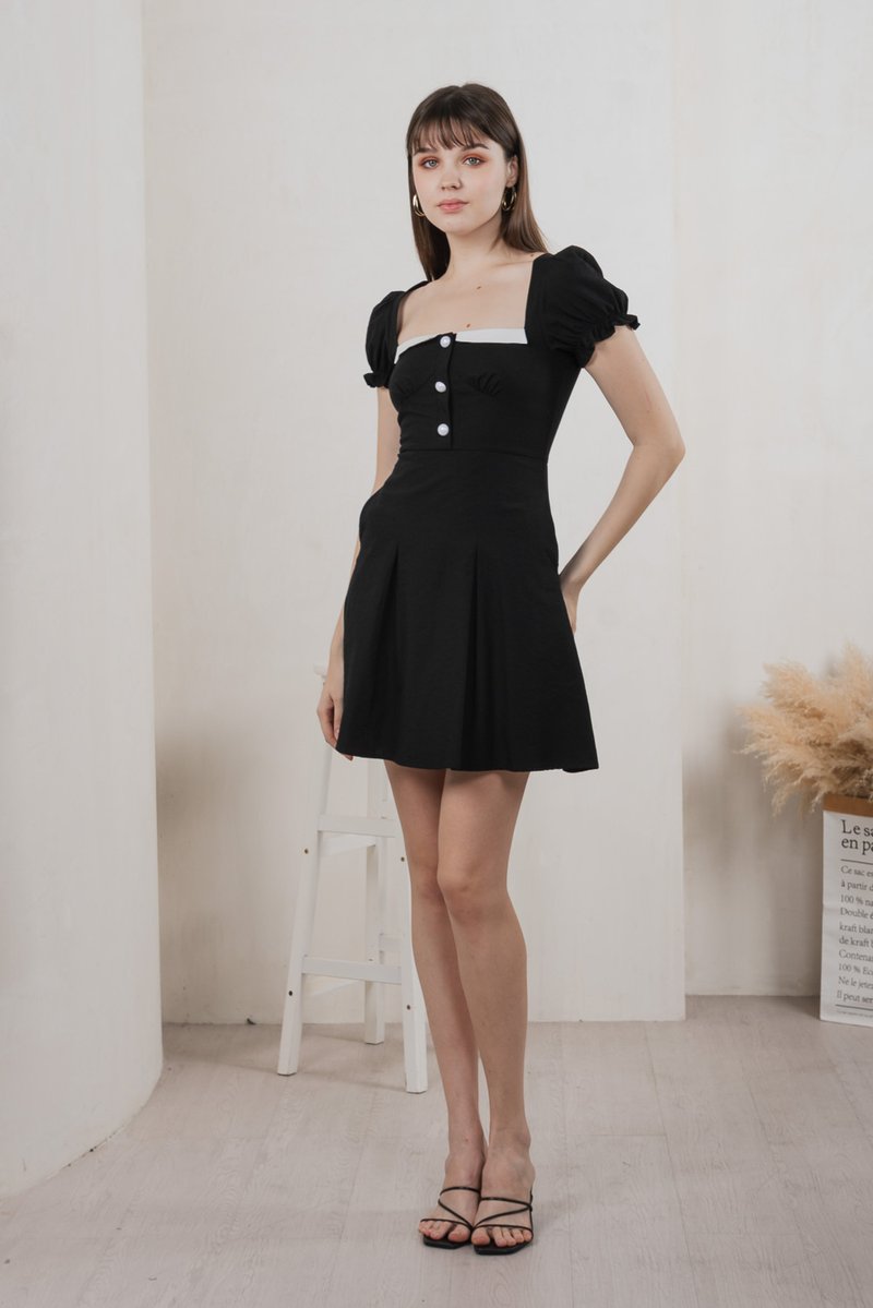 Ari Button Pleated Dress In Black