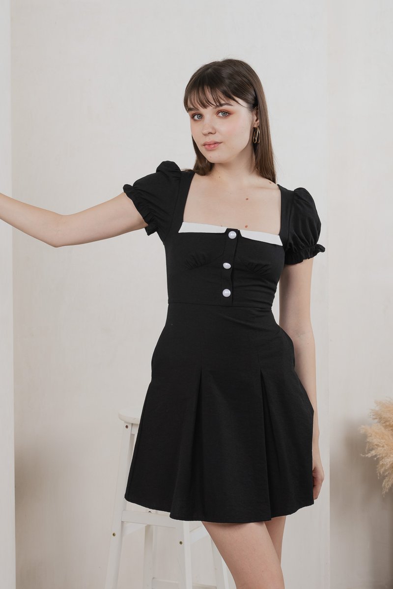 Ari Button Pleated Dress In Black
