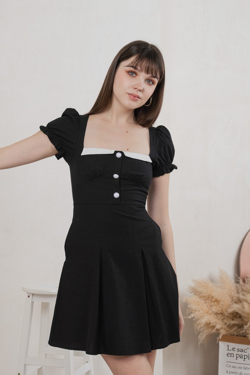 Ari Button Pleated Dress In Black
