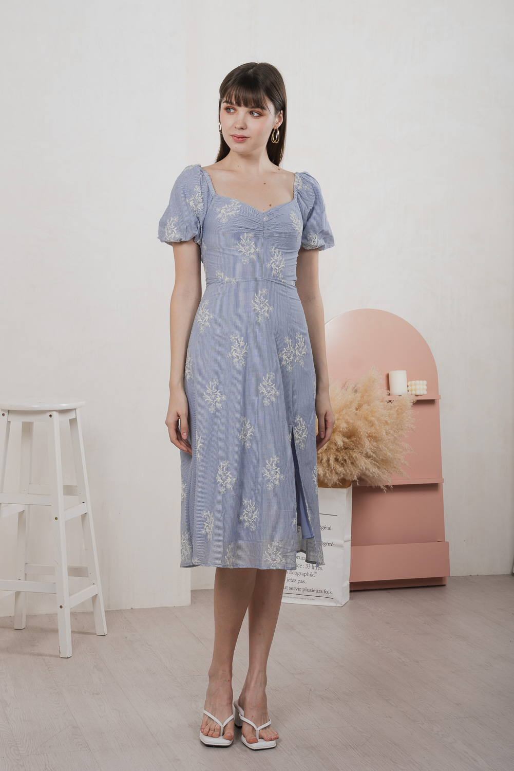 Emeth Floral Embroidery Striped Midi Dress In Blue