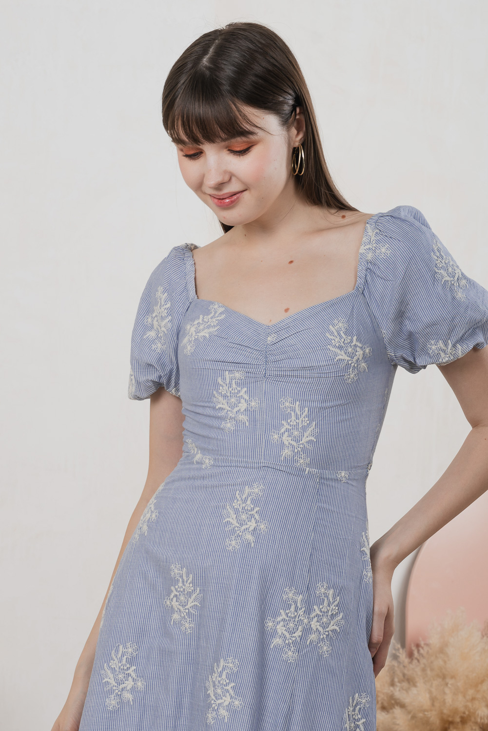 Emeth Floral Embroidery Striped Midi Dress In Blue