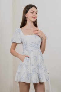 Parisa Printed Tiered Dress Romper In Pastel Blue