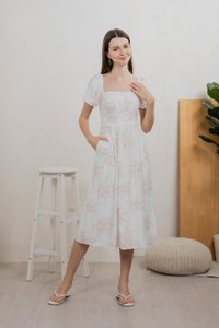 Parisa Printed Smocked Waist Midi Dress In Blush Pink