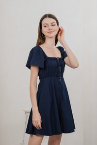 Saylor Tencel Ruched Buttons Dress In Navy