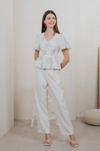 Parisa Printed Smocked Waist Top In Pastel Blue