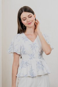 Parisa Printed Smocked Waist Top In Pastel Blue