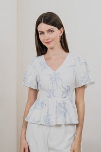 Parisa Printed Smocked Waist Top In Pastel Blue