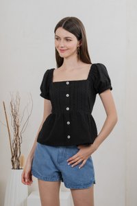 Indigo Swissdot Pintuck Button Top In Black