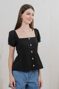 Indigo Swissdot Pintuck Button Top In Black