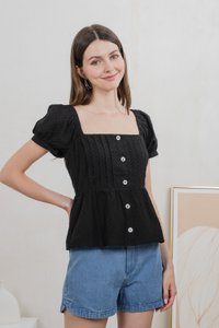Indigo Swissdot Pintuck Button Top In Black