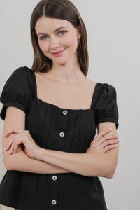 Indigo Swissdot Pintuck Button Top In Black