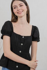 Indigo Swissdot Pintuck Button Top In Black