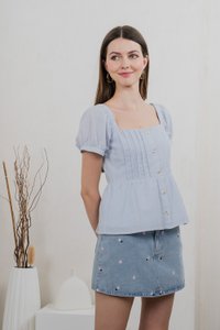 Indigo Swiss Dots Pintuck Button Top In Light Blue