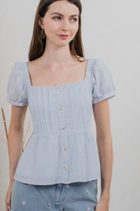 Indigo Swiss Dots Pintuck Button Top In Light Blue