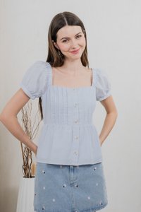 Indigo Swiss Dots Pintuck Button Top In Light Blue
