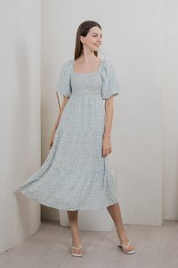Twyla Smocked Tiered Midi Dress In Light Blue